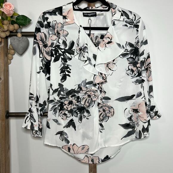 Karl Lagerfeld Paris NWT Floral Multicolor Long Sleeve Blouse Size Small - Picture 2 of 7